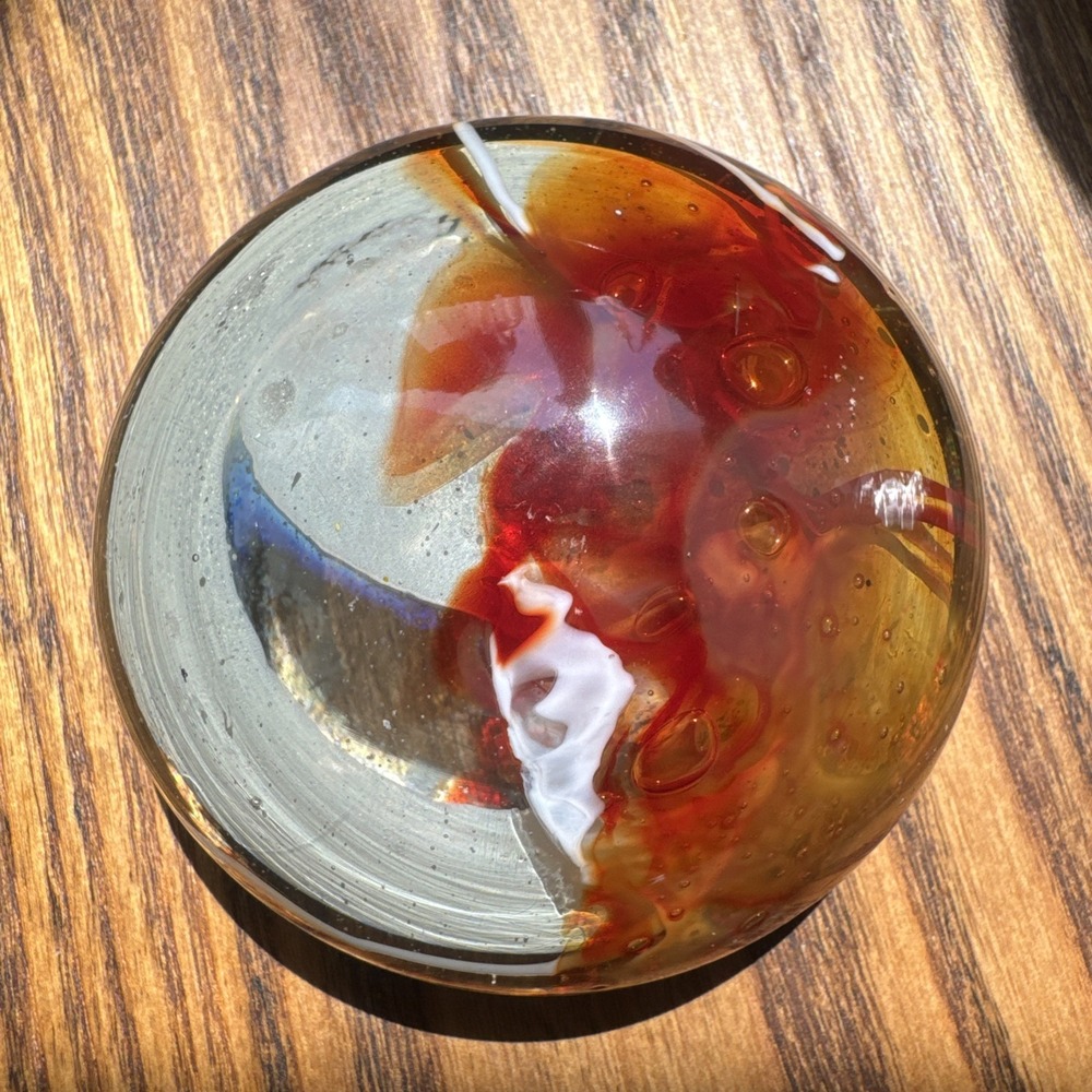 Rare 1977 Vintage Colleen Ott Art Glass Disk Paperweight Red White Orange Signed